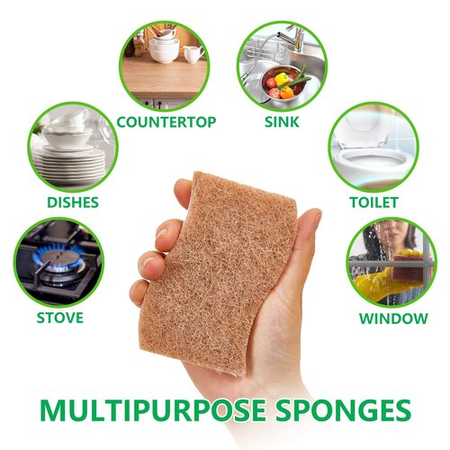 HileSwan Natural Kitchen Sponges, 12 Pack Non-Scratch Scrubber, Biodegradable Compostable Sisal Cellulose Dish Scrub Sponges, Household Cleaning Sponges for Dishes