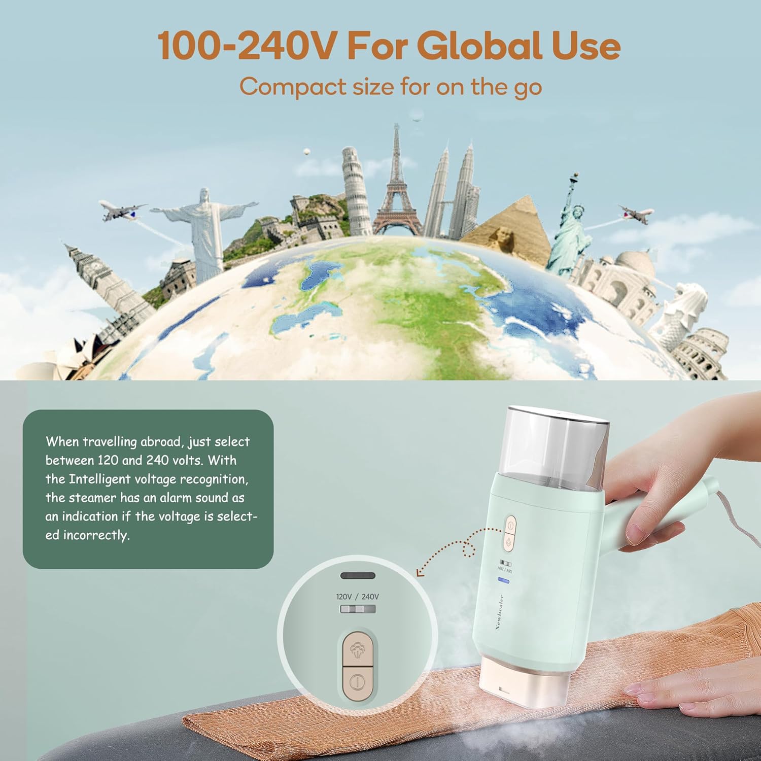Newbealer Travel Steamer for Clothes - Dual Voltage 1200W, Quick 20s Heat-Up, Foldable Design, 180ml Capacity (Green)