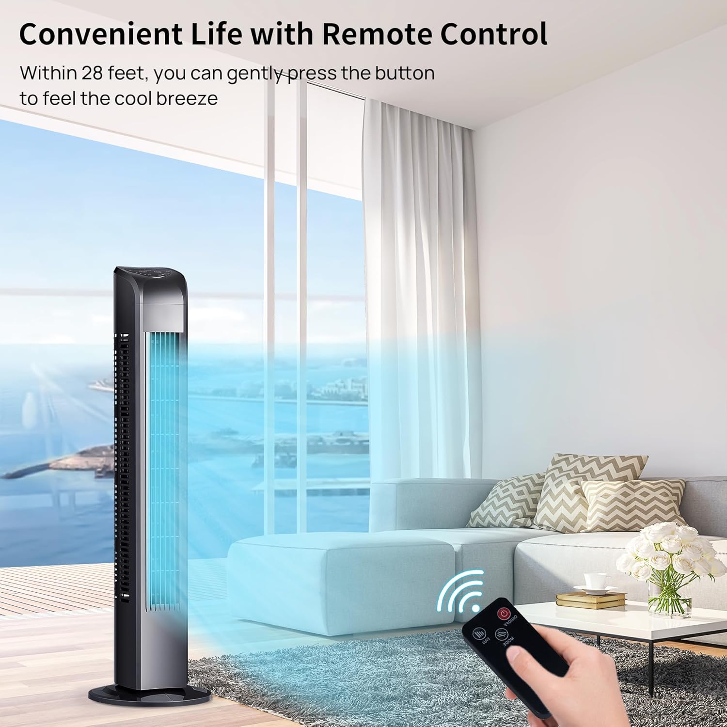 Uthfy Bladeless Tower Fan - 120° Oscillating with Remote Control, 3 Modes & 7.5H Timer | 30 Inch, Black