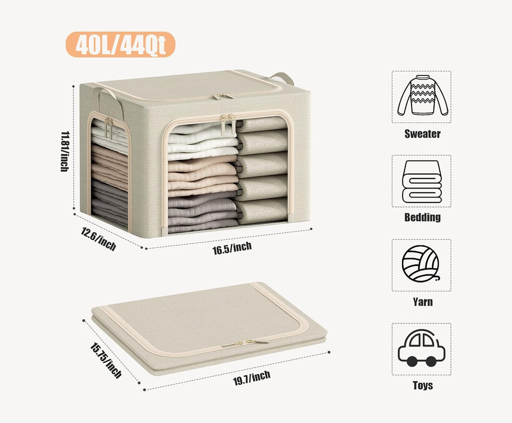 Skiennix Foldable Clothes Storage Bins - Durable 40L Linen Boxes with Clear Window & Zippers | 3-Pack Beige
