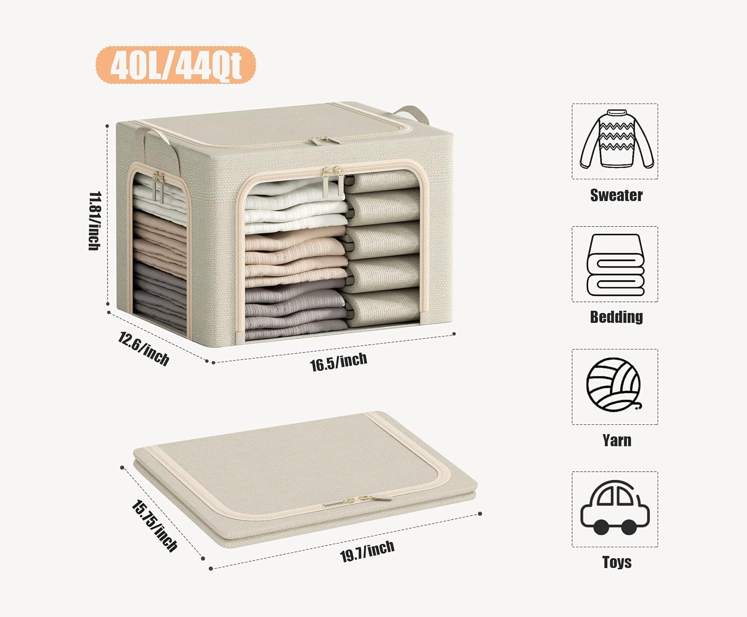 Skiennix Foldable Clothes Storage Bins - Durable 40L Linen Boxes with Clear Window & Zippers | 3-Pack Beige