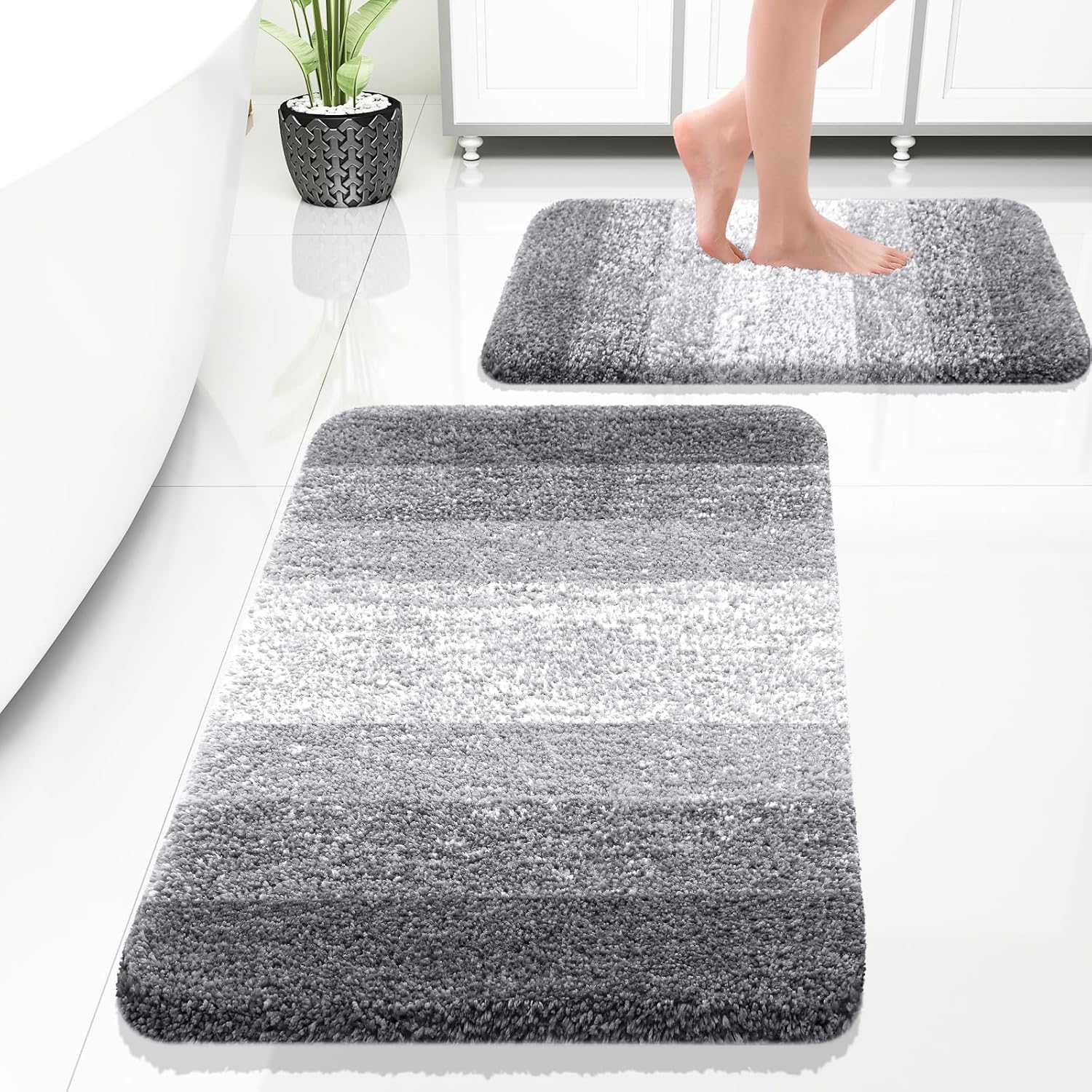 OLANLY Ombre Bath Rug Set - Soft and Absorbent 2-Piece Bathroom Rugs in Grey | 30x20 & 24x16 Inches