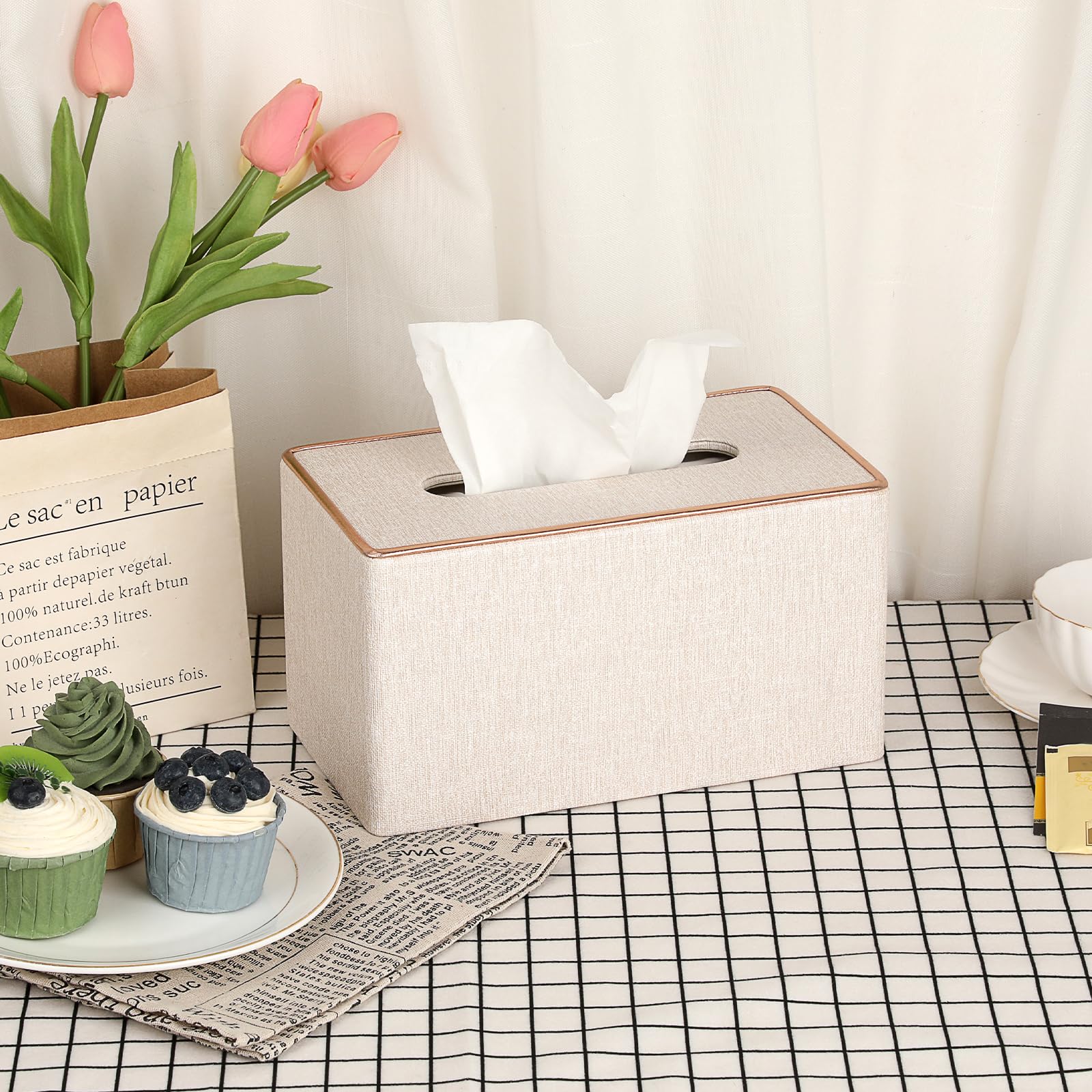 Sumnacon Rectangular Linen Tissue Box Cover - Stylish Tissue Box Holder with Magnetic Bottom, Decorative Tissue Box for Bathroom Toilet Vanity Night Stand Table Countertop Office, Beige Linen Texture