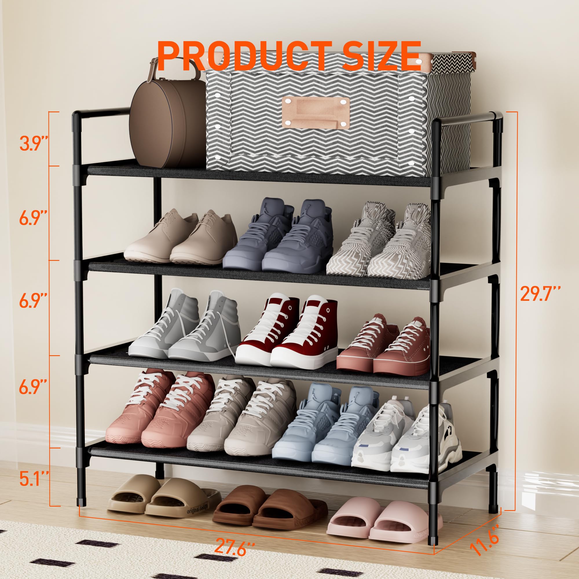 Nbwxcwbs Shoe Rack 4 Tier Shoe Organizer Shoe Storage Shoe Rack for Narrow Hallway Entryway Bedroom Easy Assembly (Black)