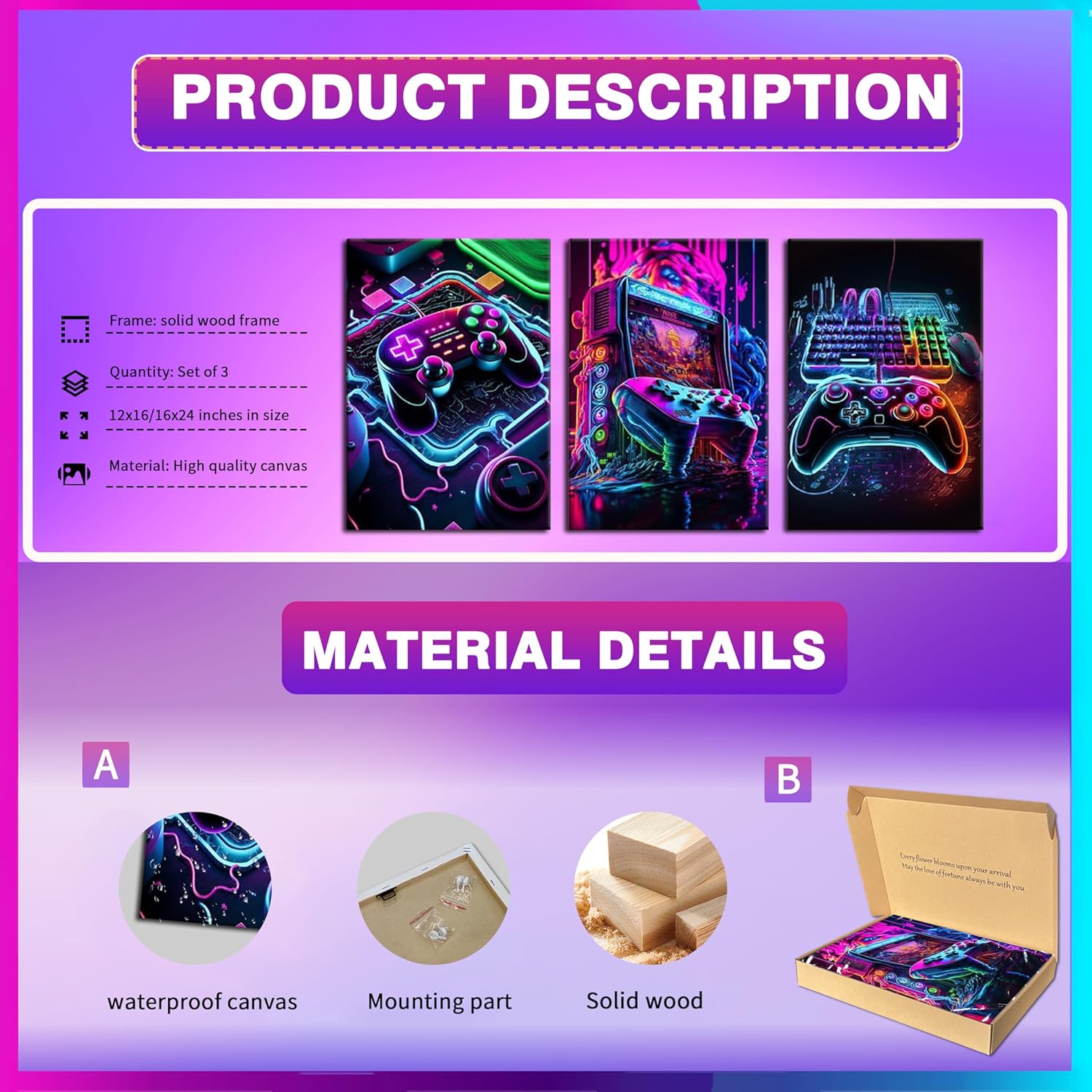 BGFCE Neon Gaming Accessories Canvas Wall Art Set | 3-Piece Game Room Decor for Boys, 16x24in Framed