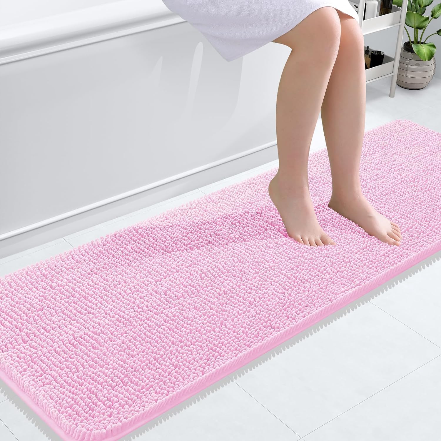 OLANLY Bathroom Runner Rug - Extra Soft Chenille | Quick-Dry, Rubber Backing, 59x20 Inches, Pink
