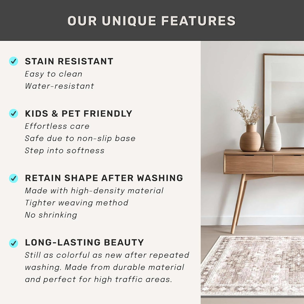 Skiennix Washable Area Rug - Large 8x10 Boho Vintage Floral Design | Stain Resistant & Non-Slip (Beige/Latte)