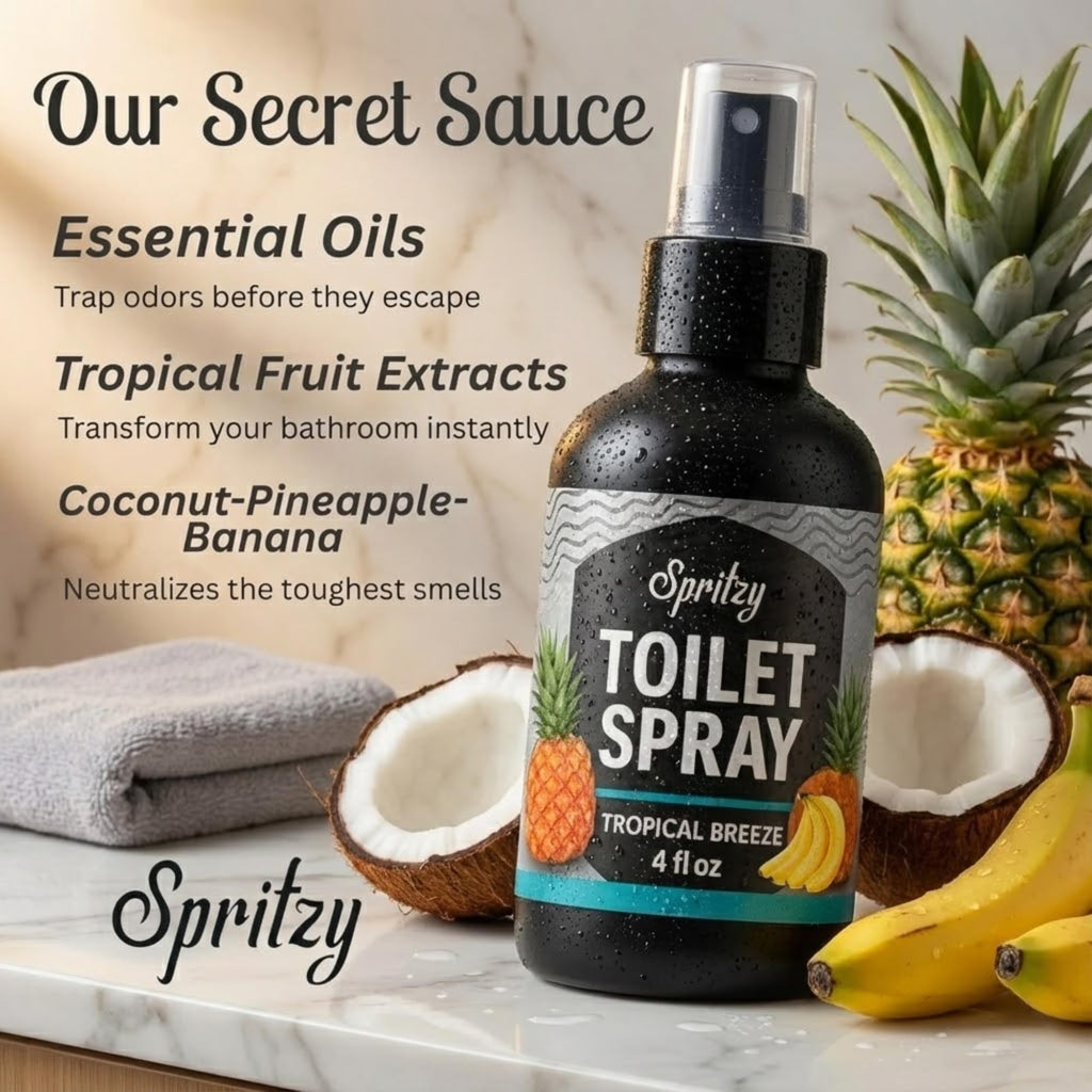 Toilet Spray (4 fl oz) | 600+ Sprays | Bathroom Spray w/Many Scents – Restroom & Bathroom Odor Eliminator – Essentials for a Fresh, Confident Bathroom (Tropical Breeze)