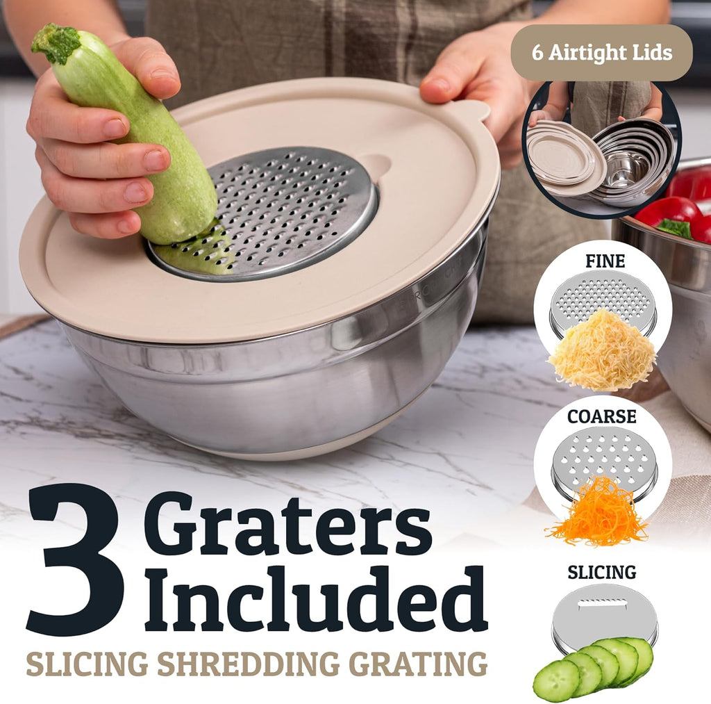 Priority Chef 6-Piece Stainless Steel Mixing Bowl Set - Non-Slip Bases & Airtight Lids in Khaki