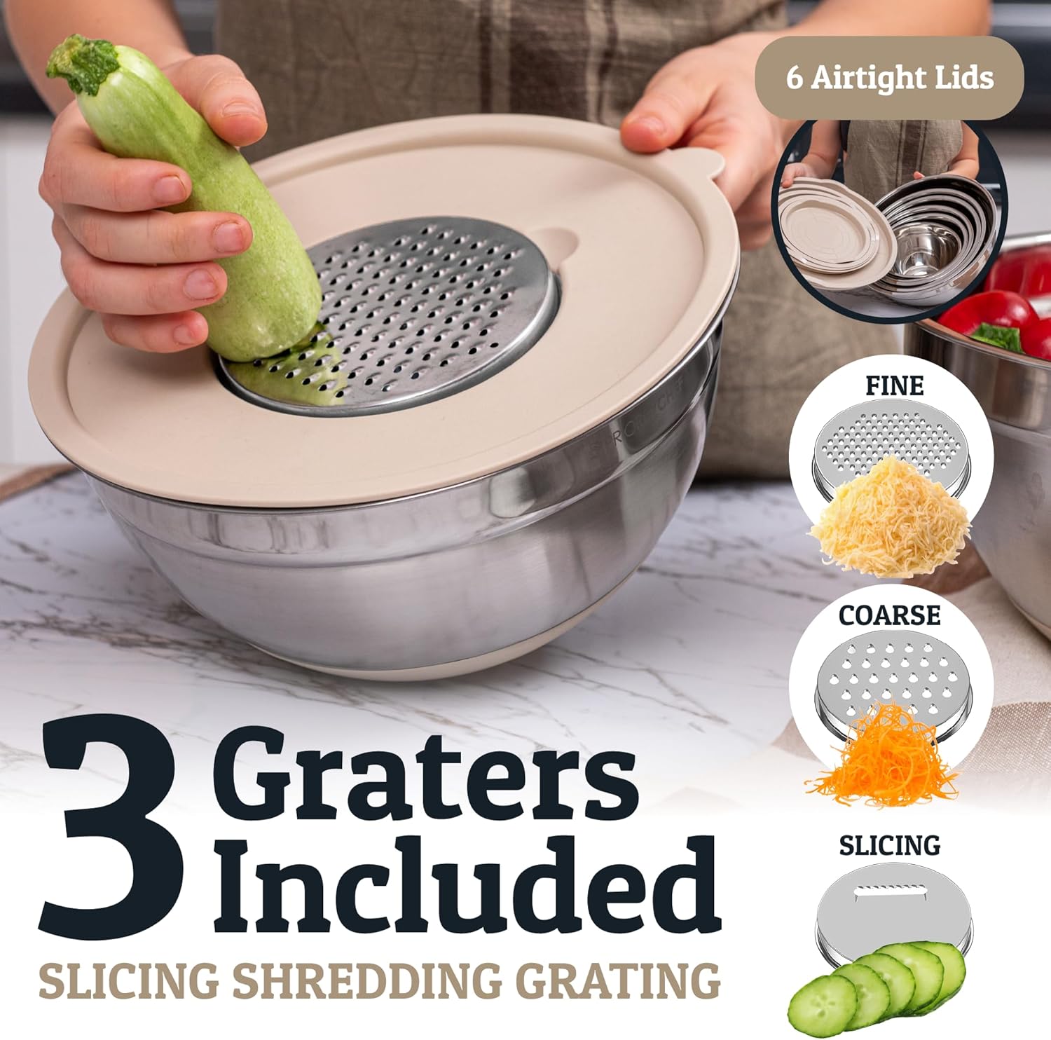 Priority Chef 6-Piece Stainless Steel Mixing Bowl Set - Non-Slip Bases & Airtight Lids in Khaki
