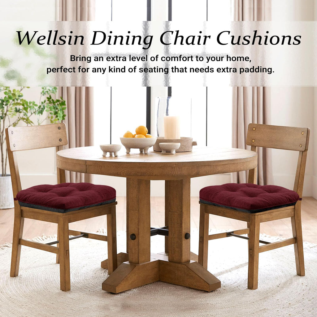 Wellsin Chair Cushions for Dining Chairs, Non-Slip Kitchen Chair Pads with Ties, Tufted Shredded Foam Kitchen Chair Cushions Set of 4, 15.5" X 15.5",Burgundy