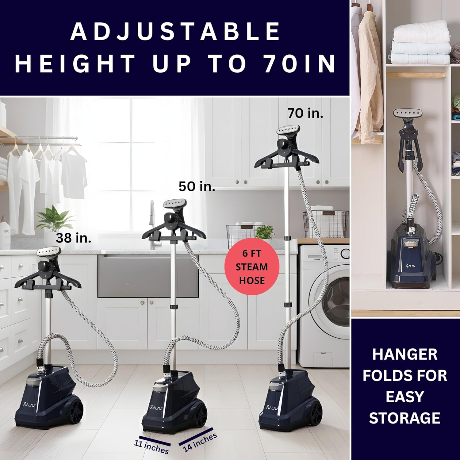 SALAV Heavy Duty Garment Steamer - Powerful 1800W with 3L Water Tank | Full-Size, Navy