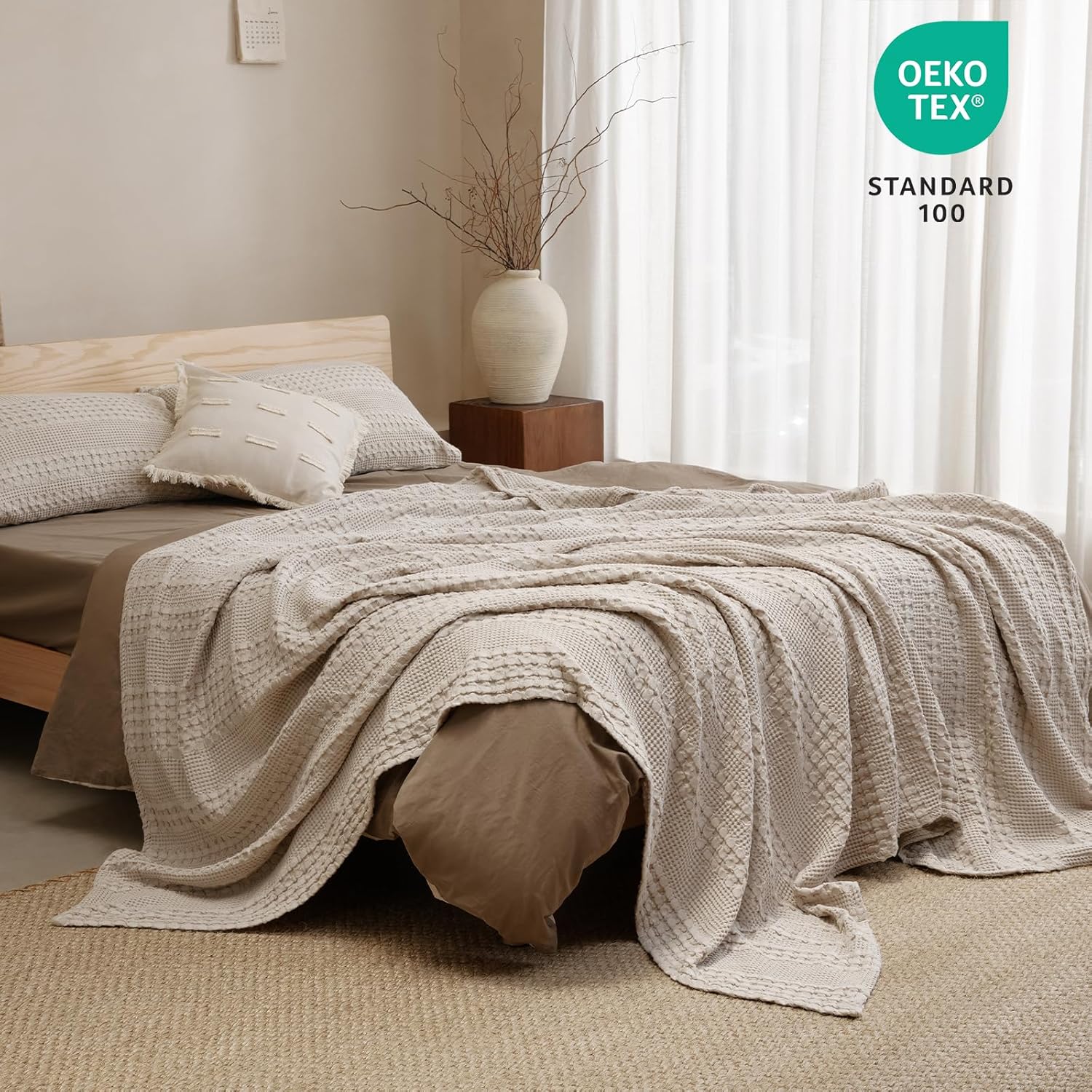 PHF 100% Cotton Waffle Weave Blanket - Soft, Lightweight & Breathable Queen Size | Luxury Home Decor, 90"x90", Light Taupe/Oatmeal