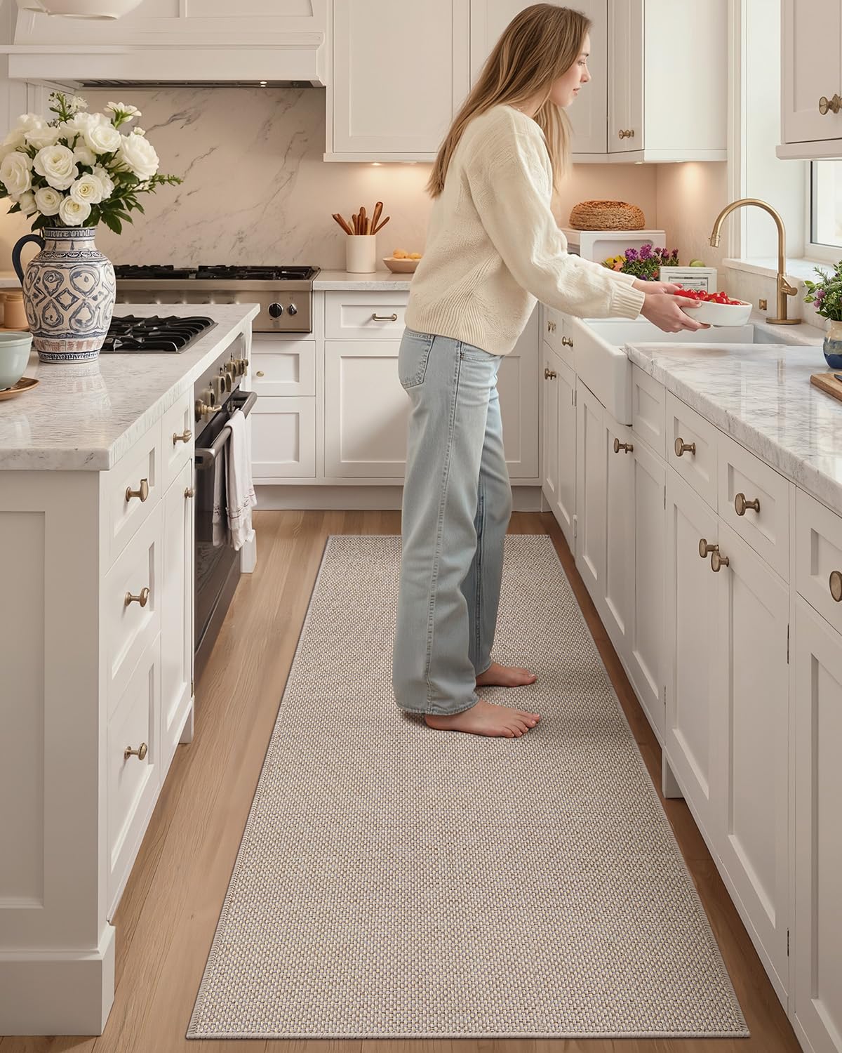 Color&Geometry Kitchen Rugs and Mats Non Slip Washable, Absorbent,Woven Kitchen Runner Rug Easy to Clean Kitchen Floor Mats for in Front of Sink, Laundry Room, Hallway,24"x83", Beige