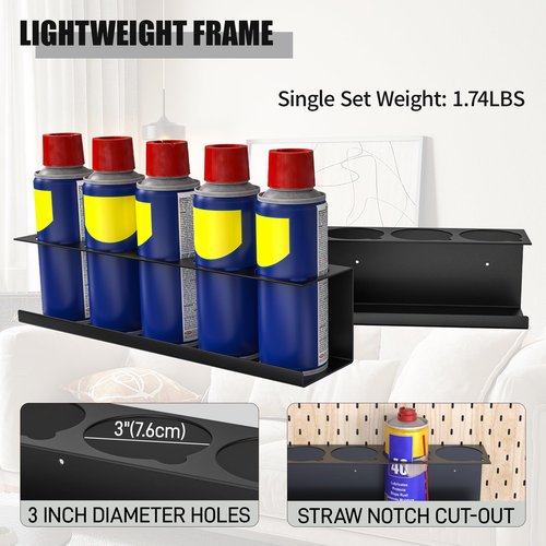 Riciakik 8 Pack Spray Bottle Holder Wall-Mounted, Aerosol Spray Can Holder Storage Rack, Heavy-Duty Paint Bottle Organizer with 40 Holes, Steel Black Spray Rack for Garage, Shop, Home or Tool Trailer