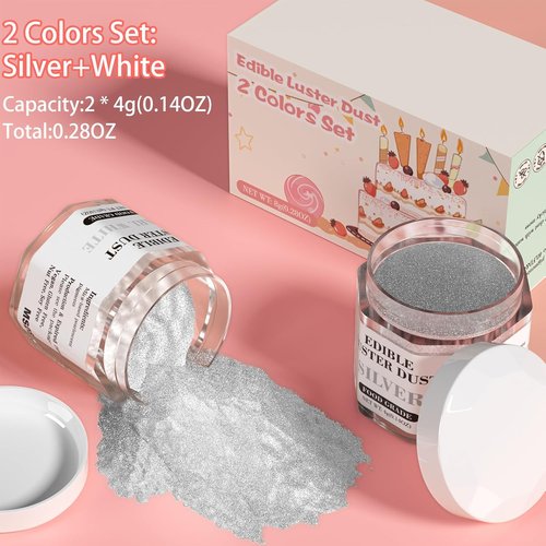 Cherrysea Luster Dust Edible Set - Food Grade Shimmer Powder for Cakes & Cocktails | 4g Bottles - Silver & White