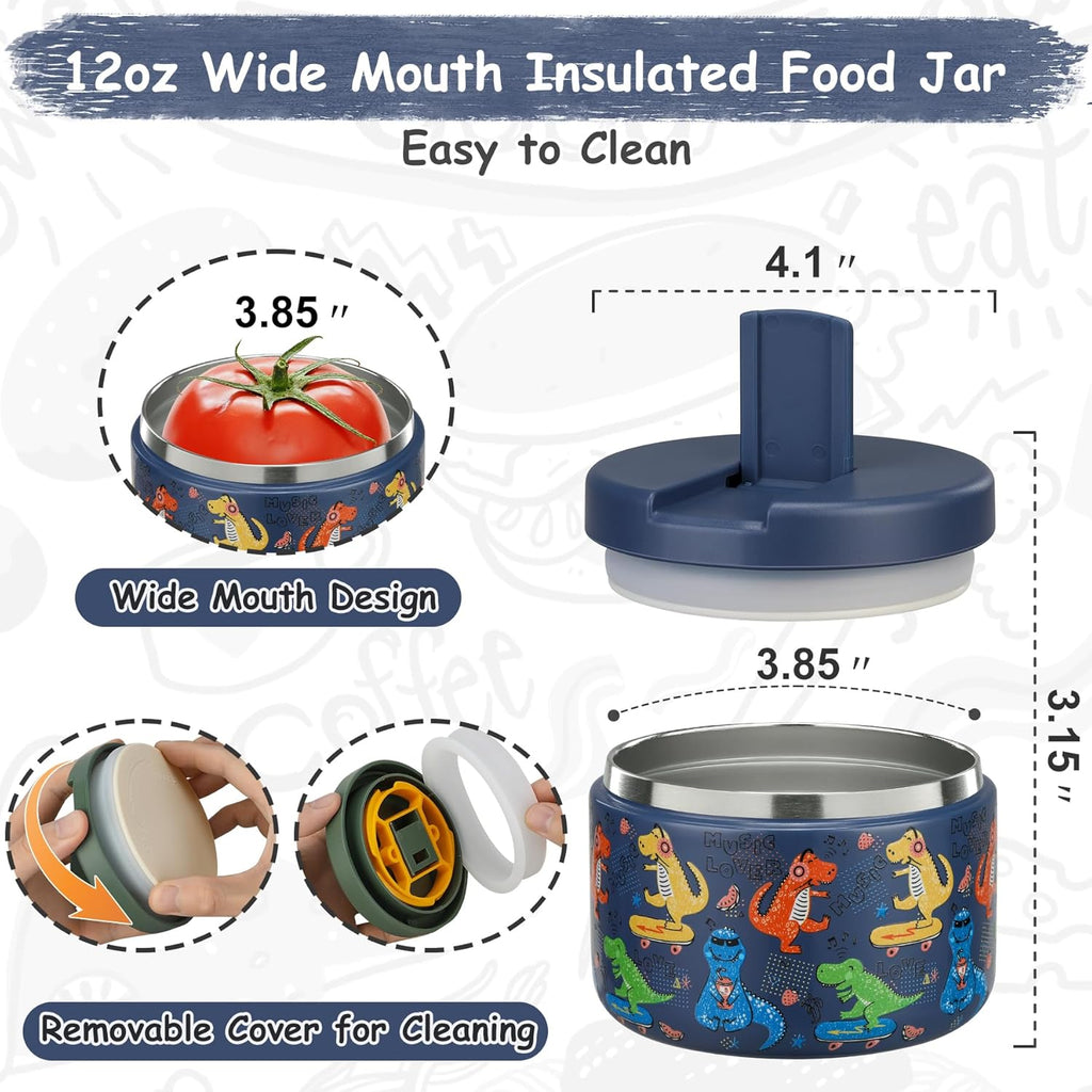 Pawtong Insulated Vacuum Food Jar - 12oz Leakproof Stainless Steel Lunch Container for Kids | Blue Dinosaur