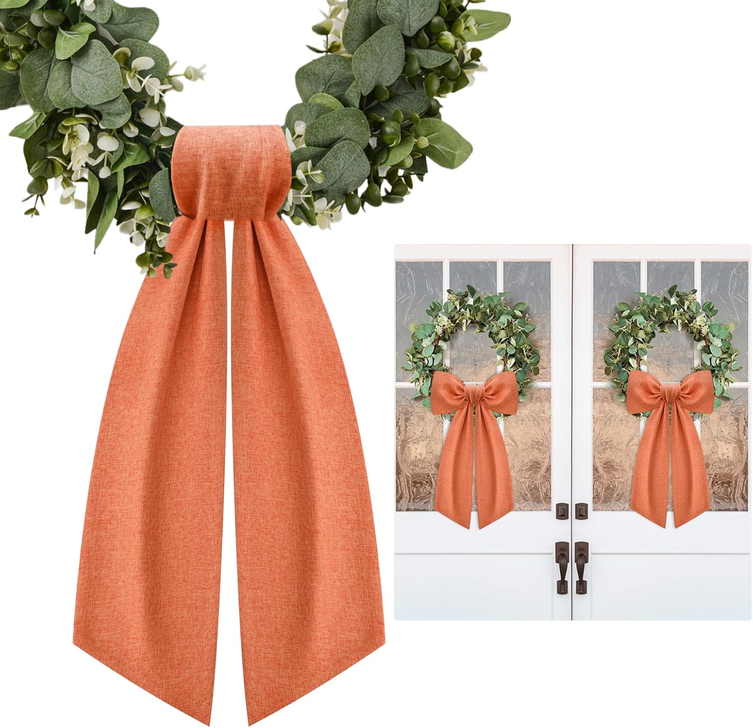 Skiennix Orange Wreath Sash - 2 Pcs Linen Ribbon Bow for Fall Yard & Porch Decor
