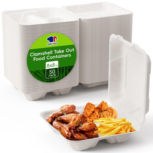 JOLLY CHEF Disposable Clamshell Take Out Food Containers, [8 * 8" 50-Pack] 3-Compartment Sugarcane Clamshell Takeout Boxes, 50-Pack To Go Boxes for Restaurants & Meal Prep