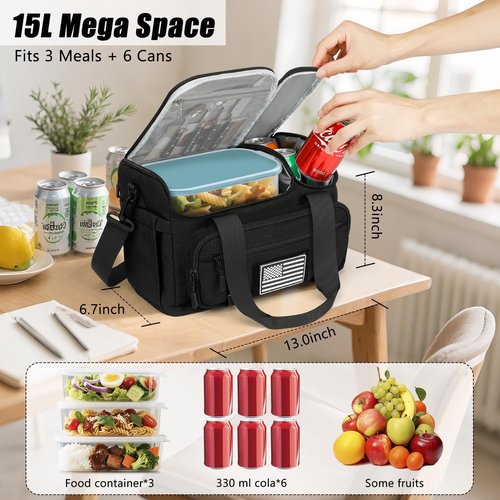 ETRONIK Tactical Lunch Bag - 15L Insulated Cooler for Men | Hot/Cold Compartments, Fits 3 Meals & Snacks, Black