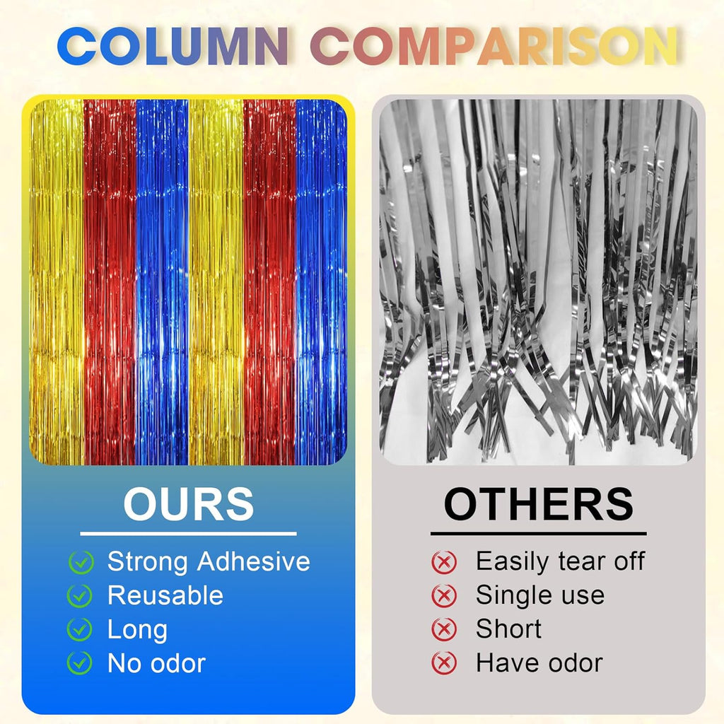 Voircoloria Fringe Backdrop Curtains - 3 Pack Tinsel Streamers in Blue, Red & Gold | 3.3 x 8.2 ft Party Decorations