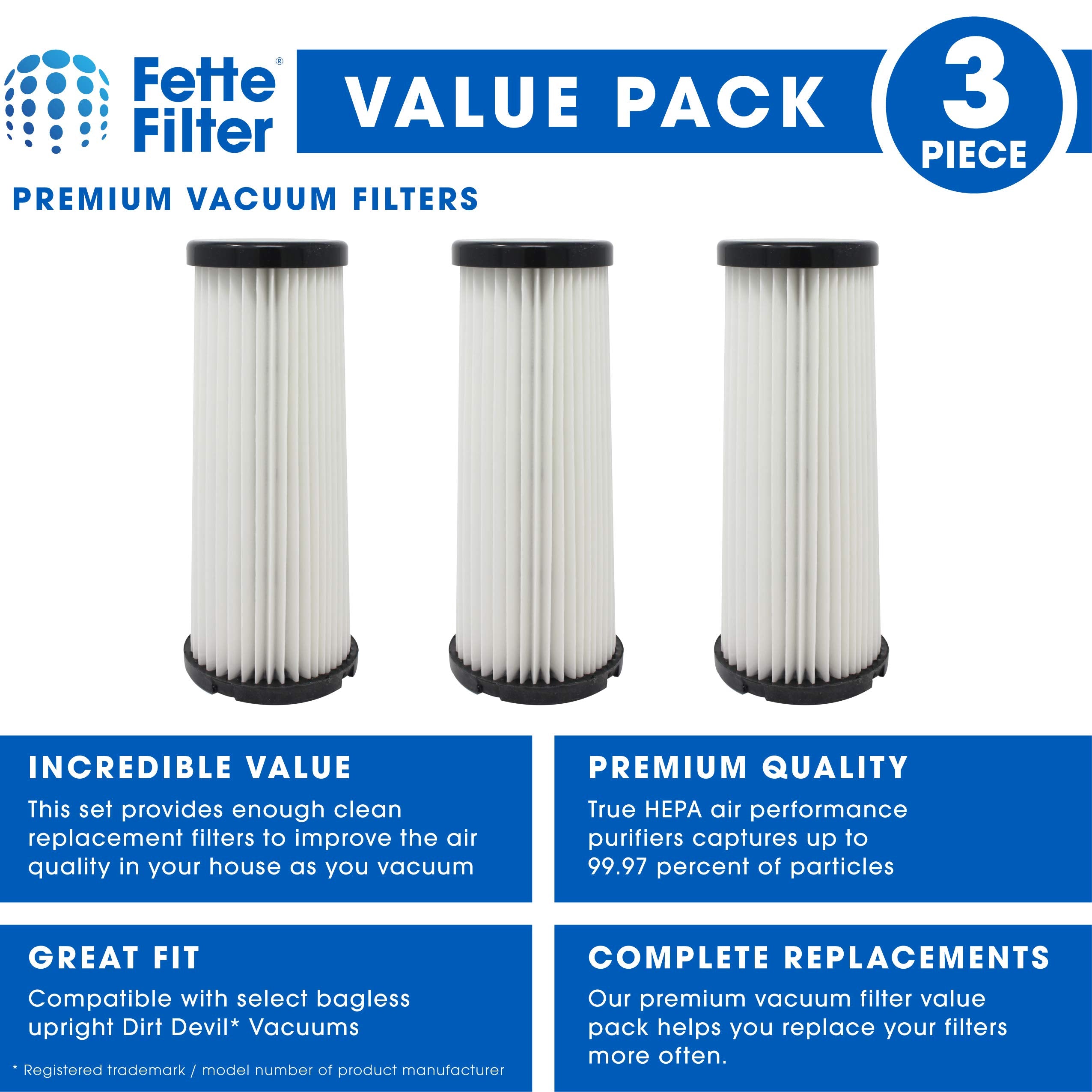 Fette Filter - Vacuum HEPA Filter Compatible with Dirt Devil F1 (F-1) Compare to Part # 3JC0280000, 3-JC0280-000 & 2JC0280000, 2-JC0280-000 (Pack of 3)