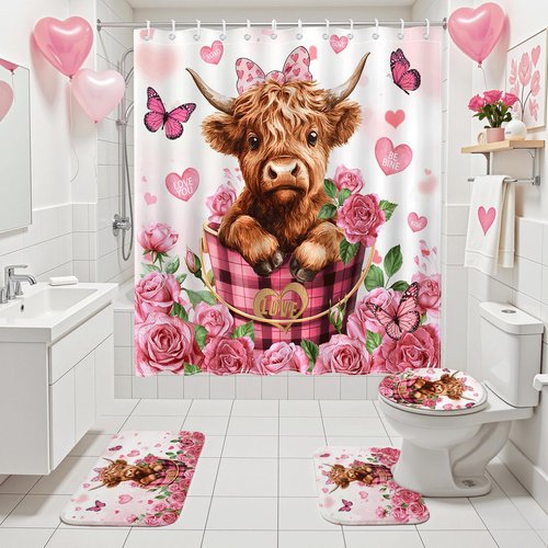 Valentines Shower Curtain Set Red Floral Sweet Love Hearts Shower Curtain with Non-Slip Bath Rugs, Toilet Lid Cover Cute Highland Cow Valentines Bathroom Decor Set (Pink, 72"W x 72"L (Pack of 1))