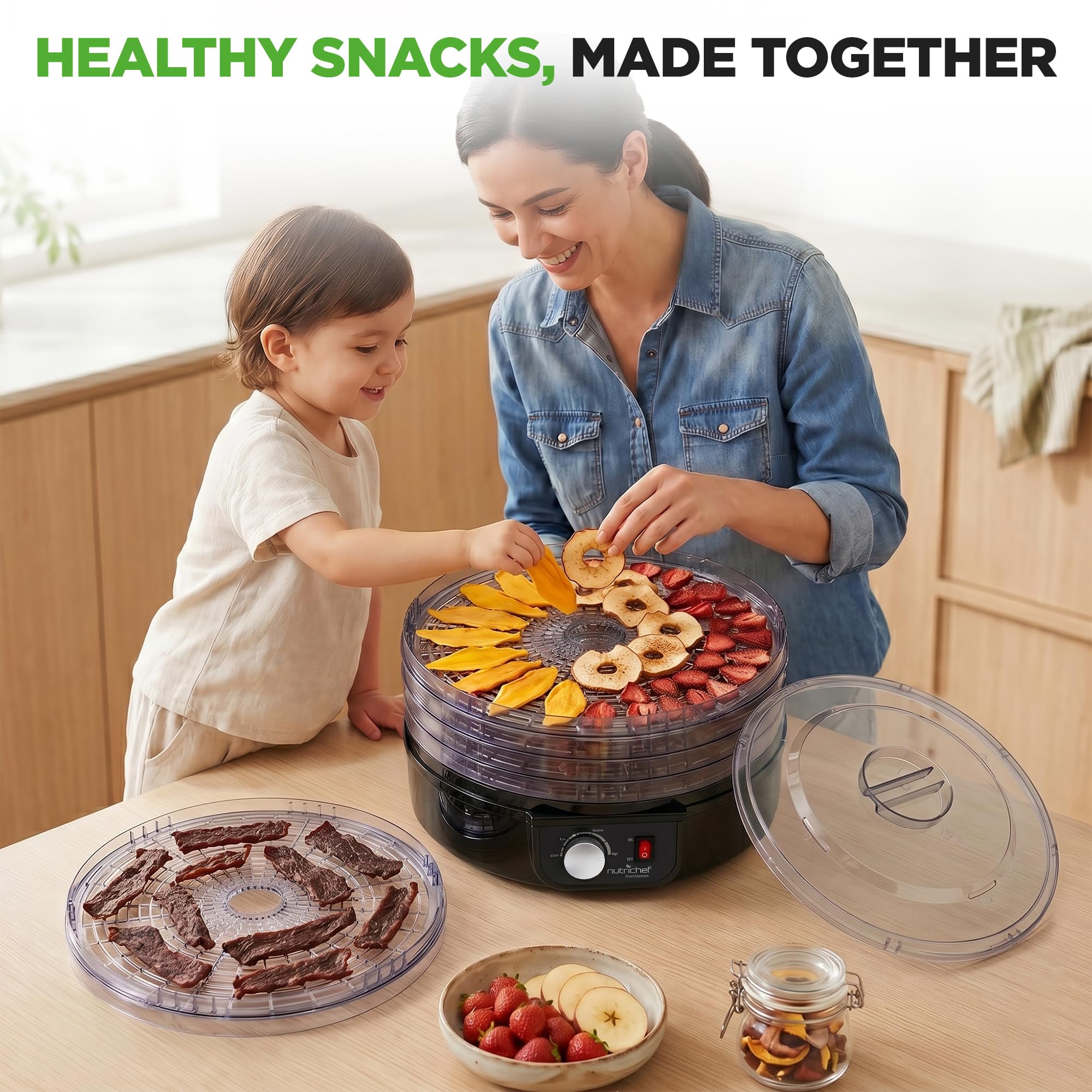 Nutrichef Electric Countertop Food Dehydrator | Professional Multi-Tier Food Preserver | Dehydrate Fish, Beef Jerky, Meats, Mushrooms, Fruits & Vegetables | 5 Stackable Trays for Easy Cleaning