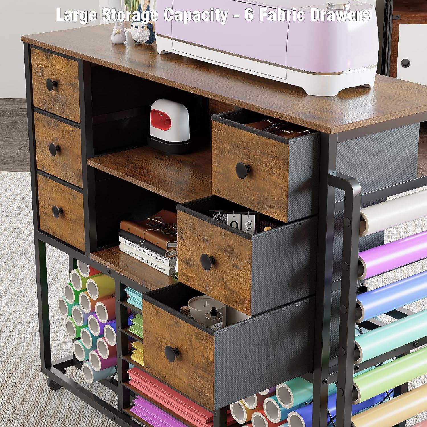 VENNQD Craft Cart - Cricut Machine Compatible Table with Charging Station & 48 Vinyl Roll Holders | Rustic Brown