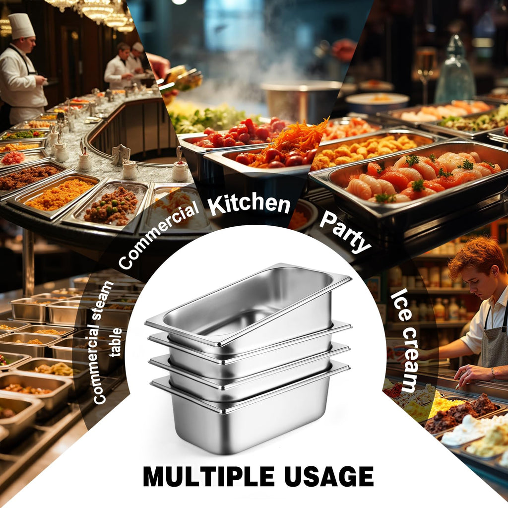 West Bay 4 Pack 1/4 Size Hotel Pan with Lids, 4'' Deep Steam Table Pan with Lid, 10.2''L x 6.3''W Stainless Steel Pans for Home, Party, Hotel, Buffet