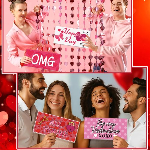 24 Designs Valentines Photo Booth Props Double Sided 11x5.5 Inch Valentine's Day Party Decorations for Photoshoot Photo Booth Props Waterproof Selfie Signs PVC for Galentines Wedding Party Supplies