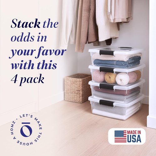 HOMZ 15.5 Quart Clear Plastic Storage Bins - 4-Pack Stackable Organizers for Home & Office