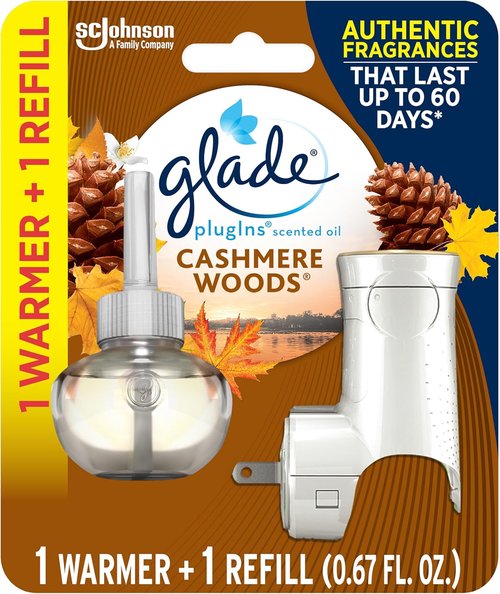 Glade PlugIns Air Freshener Starter Kit - Cashmere Woods Scent with Essential Oils | 0.67 Fl Oz, 1 Warmer + 1 Refill