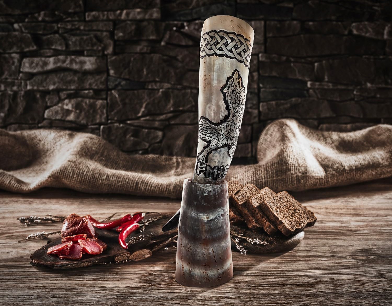 Norse Tradesman Genuine 12" Ox-Horn Viking Drinking Horn with Exquisite Hand Engraved Wolf & Celtic Knot, Black Leather Belt Holster, Fitted Stand & Burlap Gift Sack Included - Wolfsbane, 12-In