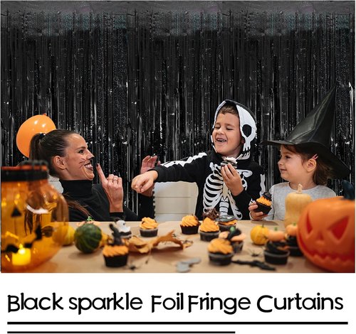 Glitter Foil Fringe Curtain - Tinsel Backdrop for Birthday & Wedding Decor | 2 Packs in Black
