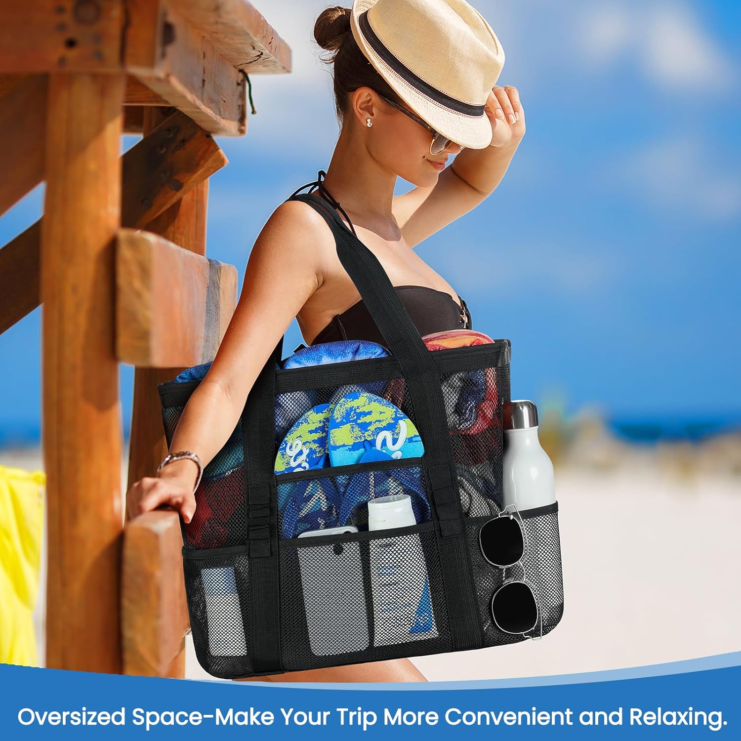 Mesh Beach Bag by [Brand Name] - Large Tote with 8 Pockets for Vacation Essentials