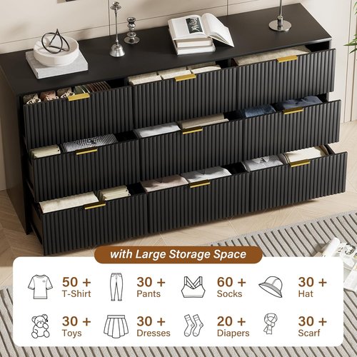 Furniway Black Dresser - Modern 9-Drawer Chest with Smooth Slides & Golden Handles | 63" W x 31.5" H