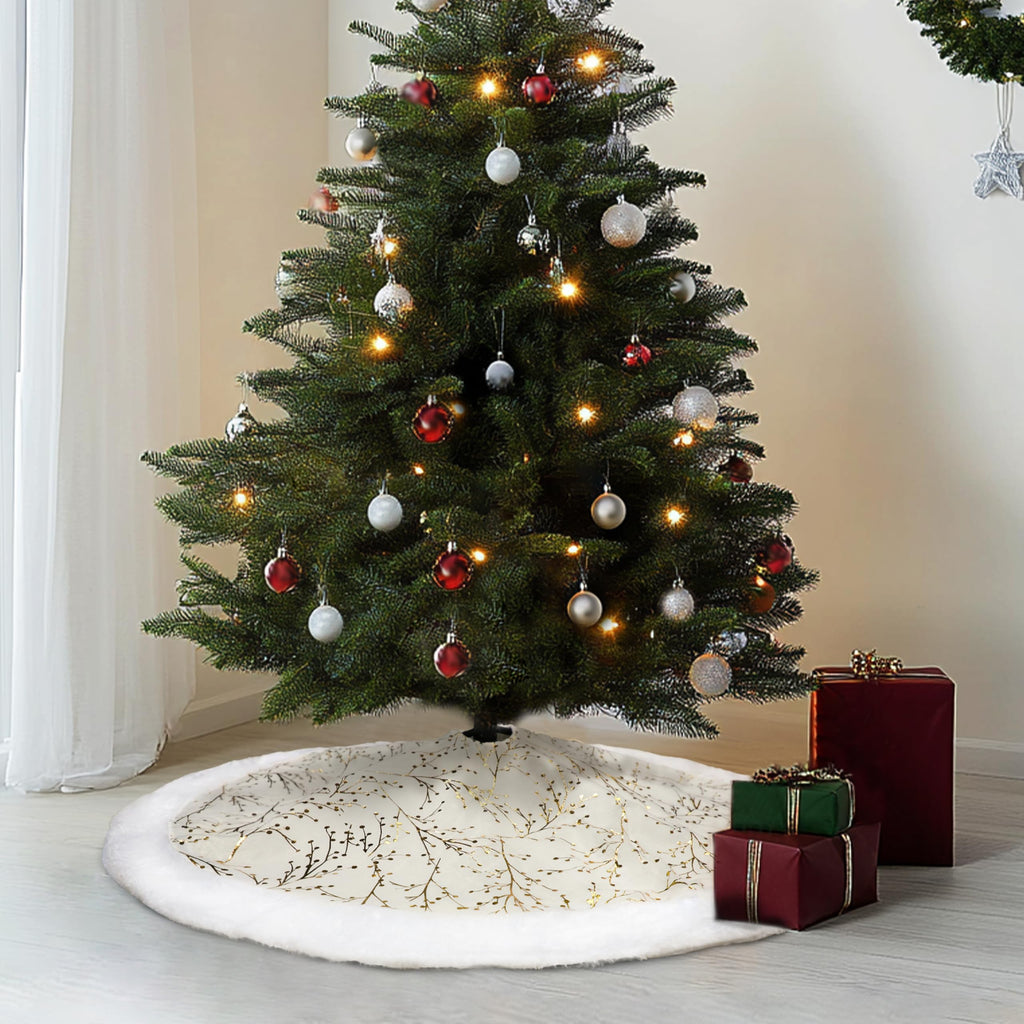 SYITCUN Christmas Tree Skirt, 48inch White and Gold Tree Skirt, Faux Fur Xmas Tree Skirt for 4 5 6 7 8 9 Ft Christmas Trees, Thicker Plush Christmas Tree Decorations