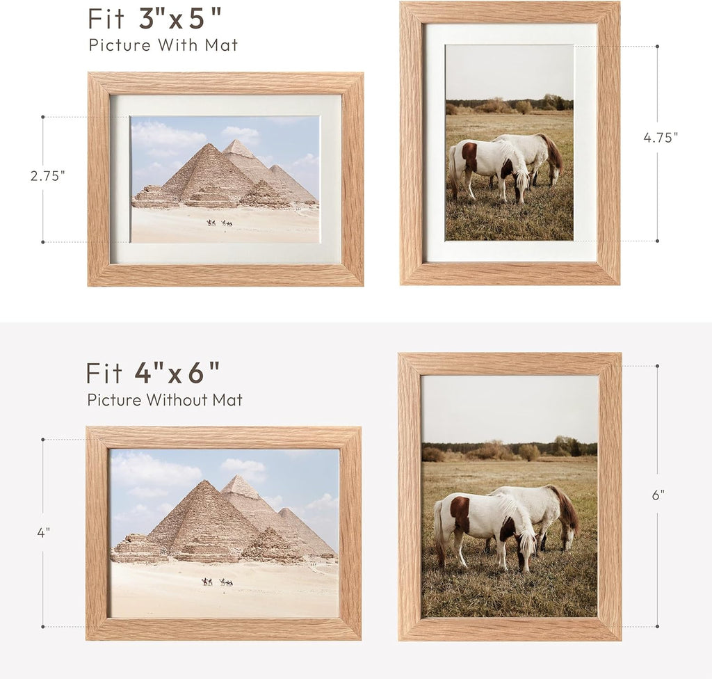 Solid Oak Wood 4x6 Picture Frame Set of 2 - Natural Finish with Mat for 3x5 Photos