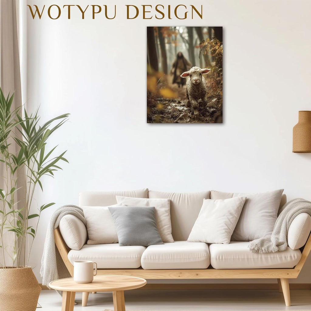 WOTYPU Jesus and the Lamb Christian Wall Art Decor, Christian Home Decor, Jesus Leaves the 99 Sheep Religious Framed Canvas Prints Poster Wall Decorations for Prayer Home Living Room Bedroom, 11x14