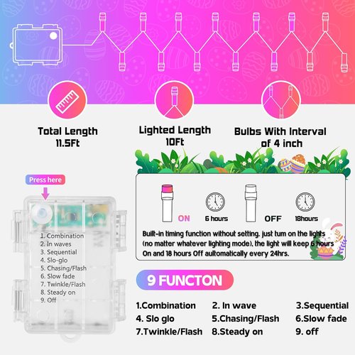 30 LED Easter String Lights - 11.5Ft Pastel Battery Mini Lights with 8 Modes & Timer | Waterproof Fairy Lighting for Outdoor & Indoor Decor