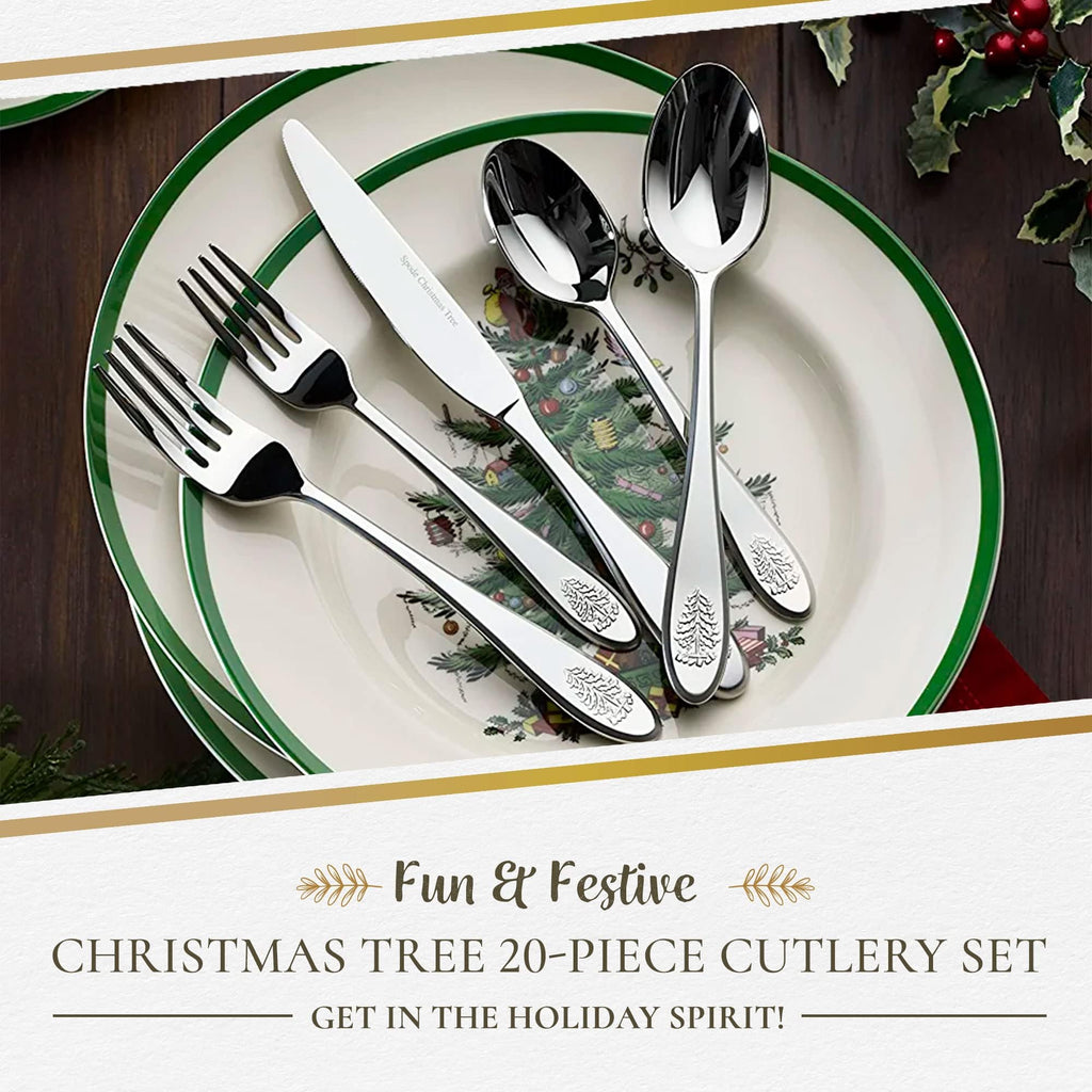 Spode Christmas Tree Collection 20-Piece Stainless Steel Flatware Set - Holiday Cutlery Set - Dishwasher Safe Silverware - 4 Dinner Forks, Salad Forks, Dinner Knives, Tablespoons, Teaspoons