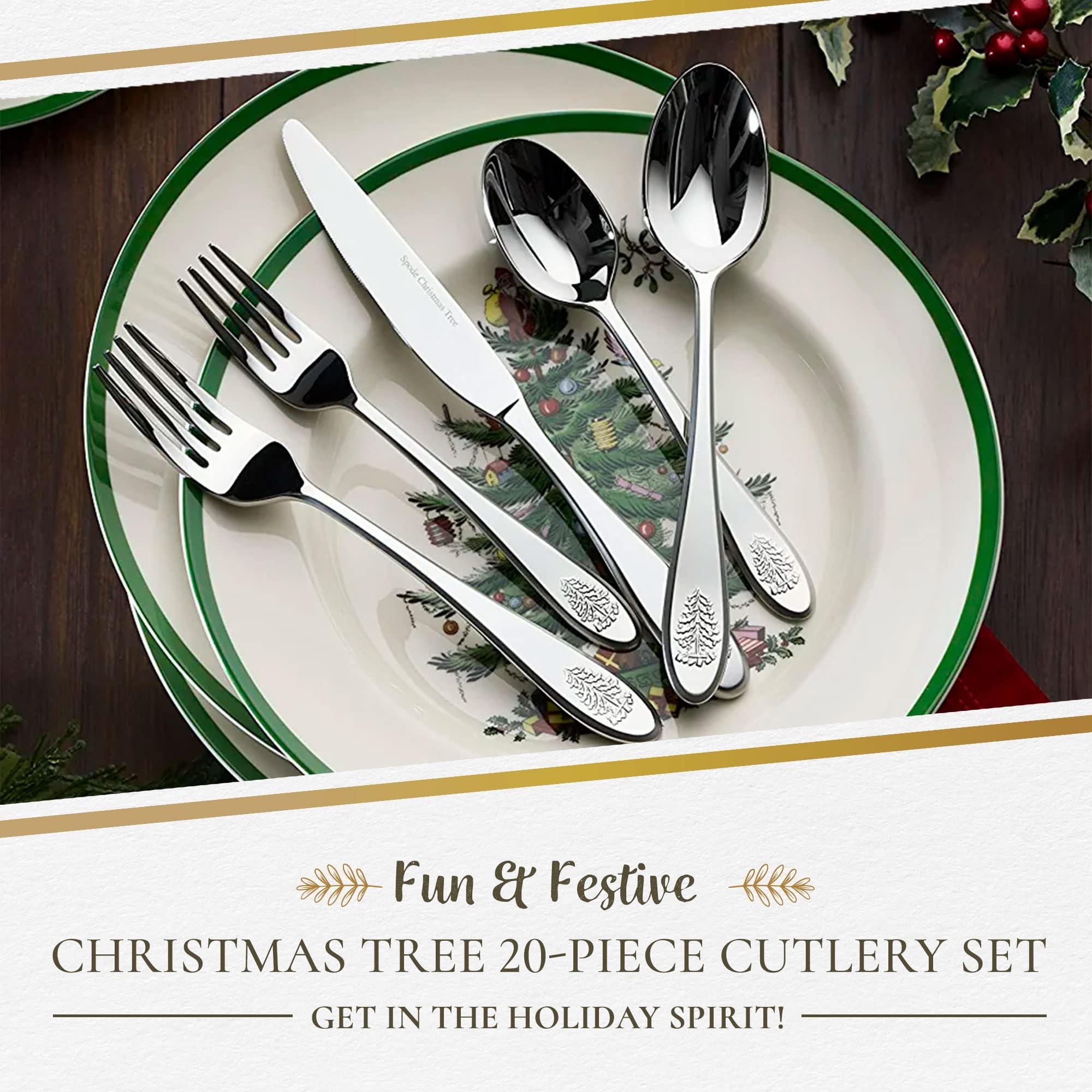 Spode Christmas Tree Collection 20-Piece Stainless Steel Flatware Set - Holiday Cutlery Set - Dishwasher Safe Silverware - 4 Dinner Forks, Salad Forks, Dinner Knives, Tablespoons, Teaspoons