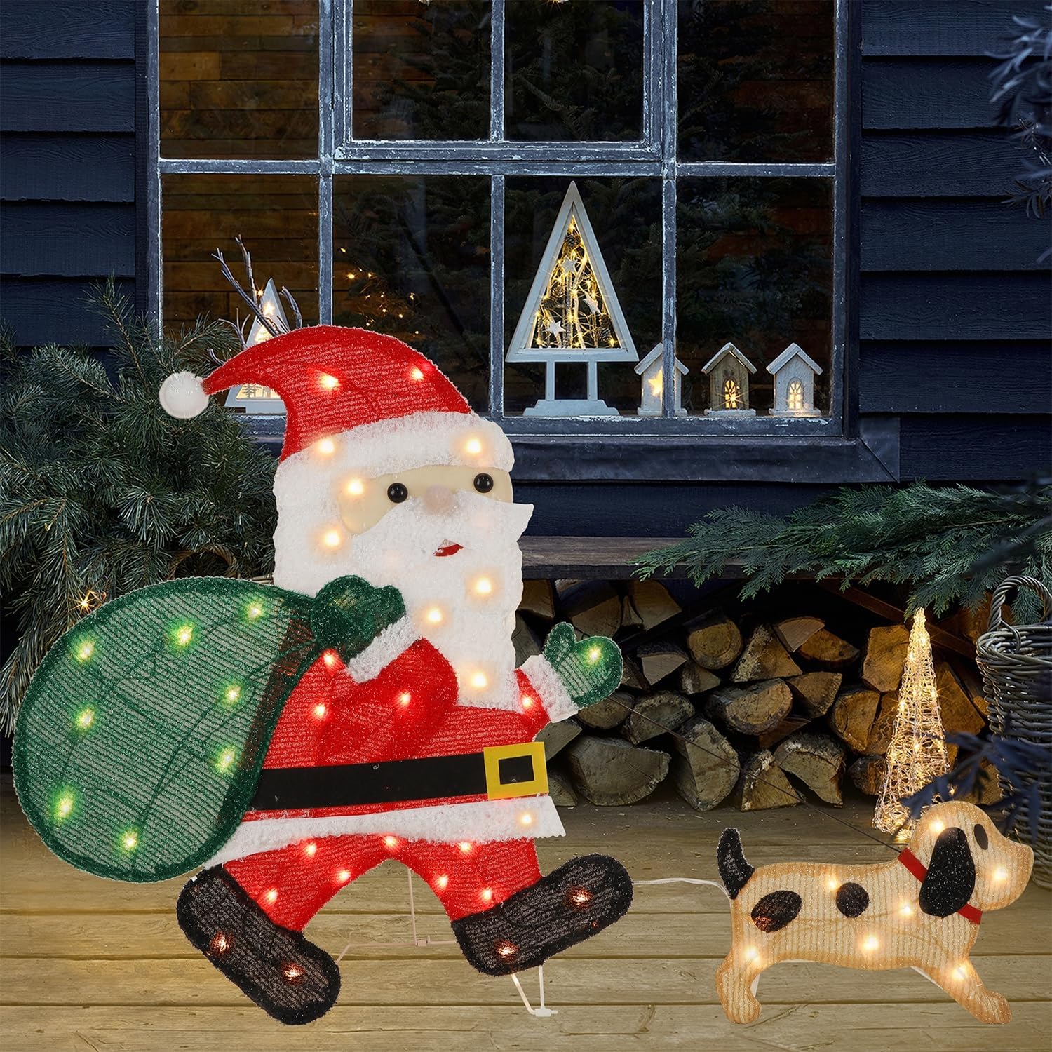 Waterglide Lighted Christmas Santa Claus with Puppy - 26.5 Inch Pre-Lit 2D Tinsel Outdoor Yard Decor