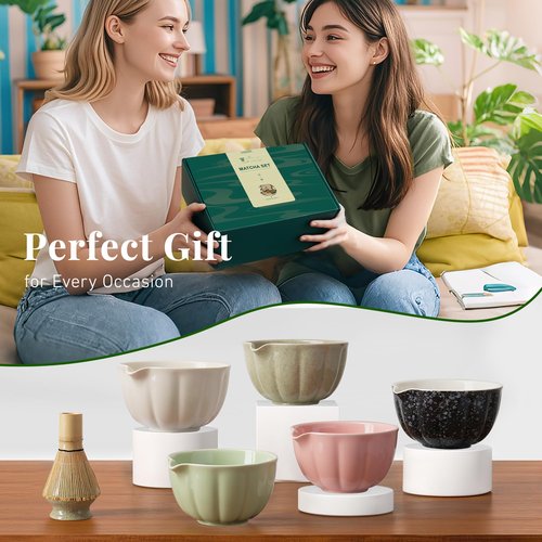 Renmxj Matcha Whisk Set,7 PCS Ceramic Matcha Kit Includes Matcha Bowl with Spout, Matcha Whisk and Holder, Bamboo Scoop, Stainless Sifter, Towel, Unique Gift for Matcha Lovers (Matcha Green)