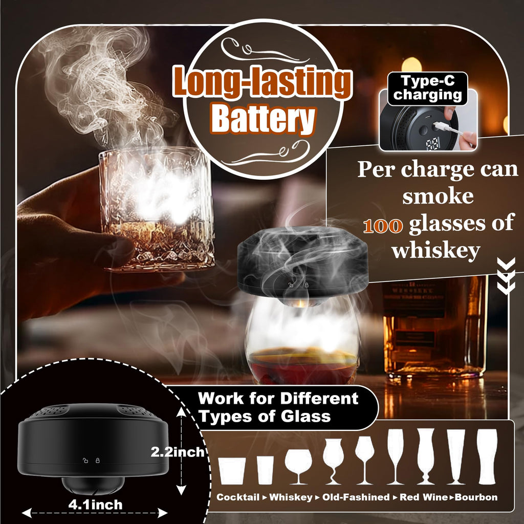Electric Whiskey Smoker Kit With Light Modes, No Butane Needed, Rechargeable Cocktail Smoker Kit with LED Display & 6 Wood Chips, Old Fashioned Smoker Kit Bourbon Gifts for Men Dad Him
