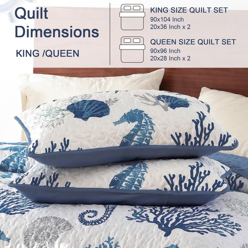 Djoymock Coastal Quilt Set Queen Size 3 Pcs, Summer Blue Beach Theme Quilts with Pillowcases Reversible Microfiber Ocean Bedding Set Nautical Bedspreads Coverlet Lightweight Comforter for All Season