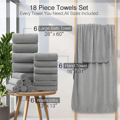 Hailea 18 Piece Family Bath Towel Set Include 6 Bath Towels,6 Hand Towels and 6 Washcloths Soft Bathroom Towel with Hanging Loops,Highly Absorbent Quick Dry Towels Set for Bathroom,Hotel and Spa-Grey