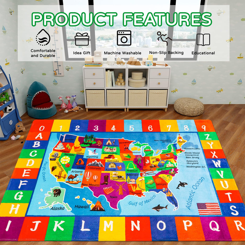 LTKOUGFAM USA Map ABC Kid Rug 39.4" × 63" for Playroom Geography Classroom Rug Educational Baby Playmat Alphabet Mat for Primary School Fluffy Ployester Non-Slip Preschool Carpet for Nursery Room