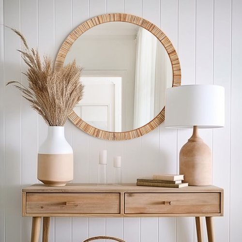 Barnyard Designs Round Rattan Wall Mirror, Natural Tan Woven Rattan Frame, Indoor Decorative Mirror for Bedroom Living Room Entryway (25.5", Round)